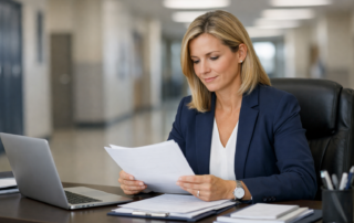 School administrator reviewing background screening documents at her desk
