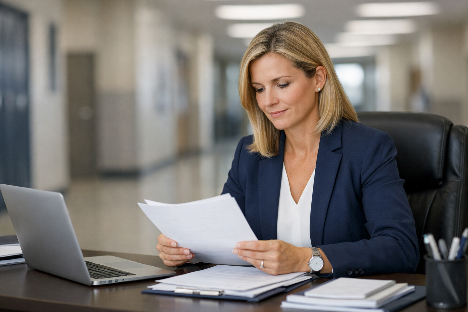 School administrator reviewing background screening documents at her desk