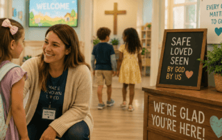 Church volunteer with child — safe ministry environment