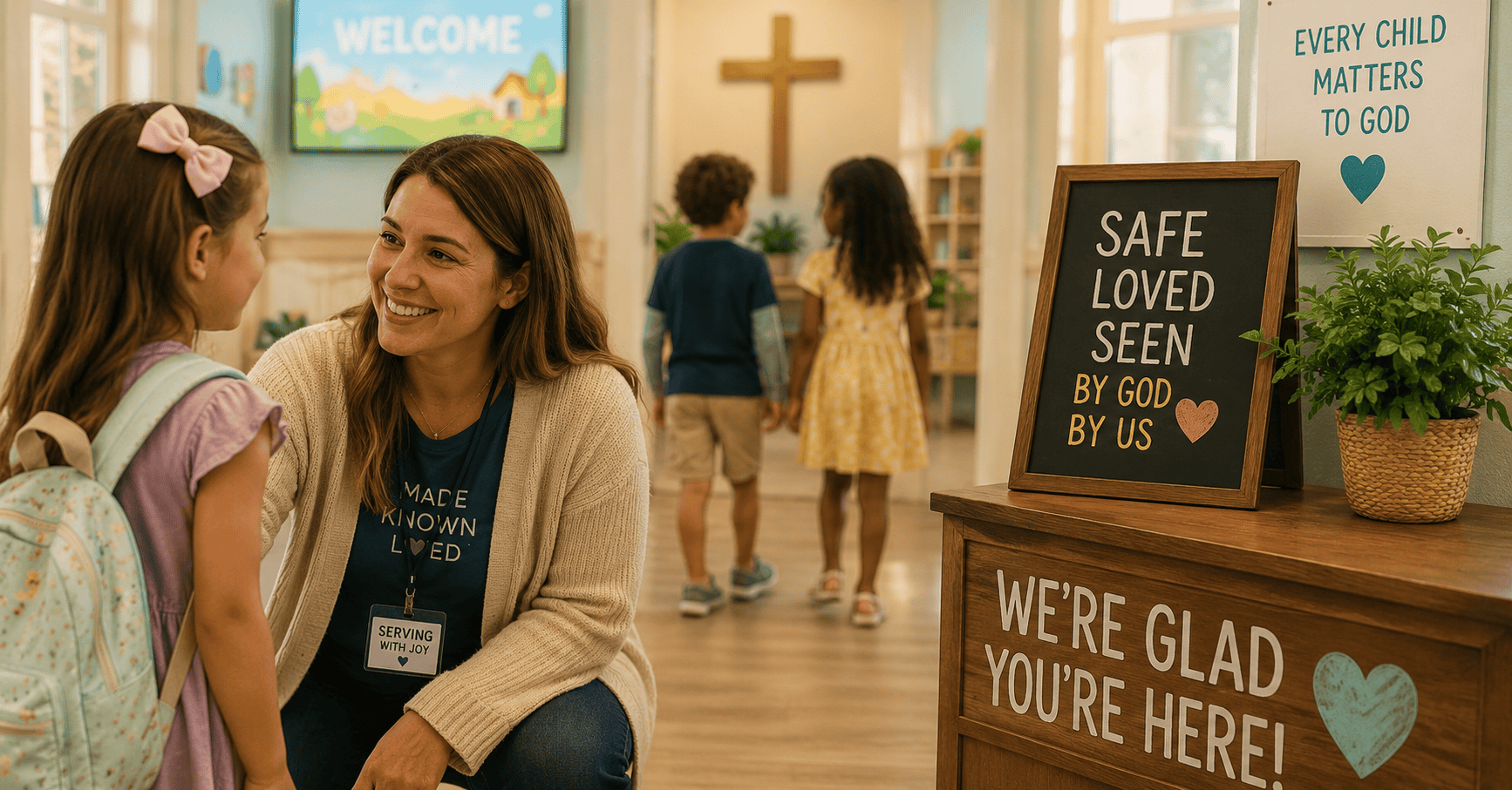 Church volunteer with child β safe ministry environment